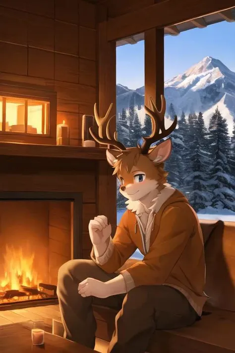 Kemono male deer, pants, smile, mountain cabin background, fireplace, masterpiece, insane lighting, hires, high quality