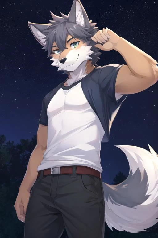 male wolf, solo, shirt, pants, cute smile, night background, stars, masterpiece, hires, high quality, insane lighting, good anatomy