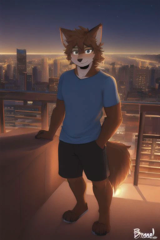 ((by braeburned)), anthro, wolf, male, shorts, shirt, detailed hands, detailed face, insane light, detailed face, cute, full body picture, attractive, (detailed), (8k), ((masterpiece)), city background