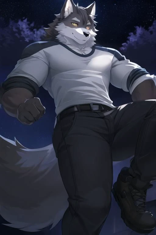 male wolf, solo, shirt, pants, cute smile, night background, stars, masterpiece, hires, high quality, insane lighting, good anatomy
