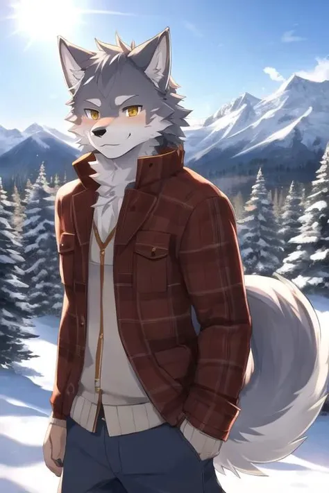 Kemono male wolf, pants, smile, mountain background, snow, snowing, sunny, masterpiece, insane lighting, hires, high quality