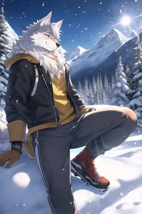 Kemono male wolf, pants, smile, mountain background, snow, snowing, sunny, masterpiece, insane lighting, hires, high quality