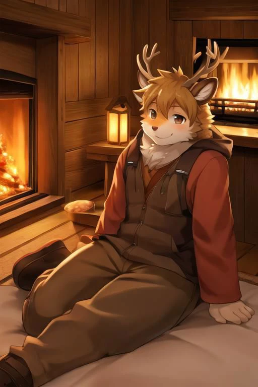 Kemono male deer, pants, smile, mountain cabin background, fireplace, masterpiece, insane lighting, hires, high quality