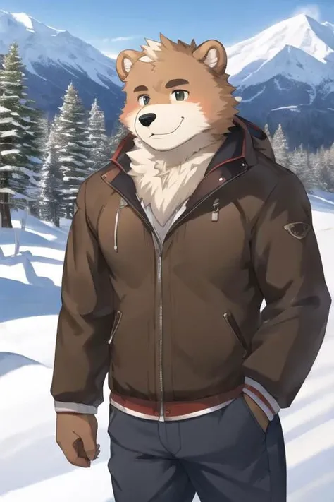 Kemono male bear, pants, smile, mountain background, snow, snowing, sunny, masterpiece, insane lighting, hires, high quality