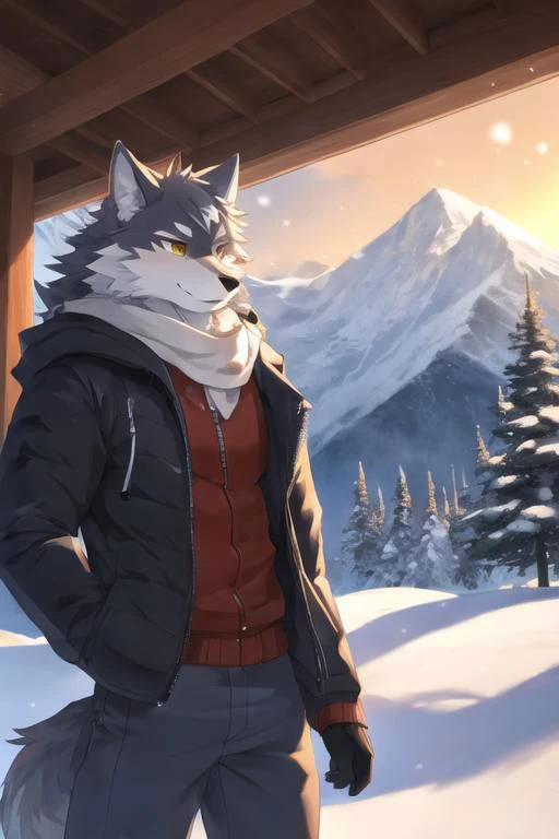 Kemono male wolf, pants, smile, mountain background, snow, snowing, sunny, masterpiece, insane lighting, hires, high quality