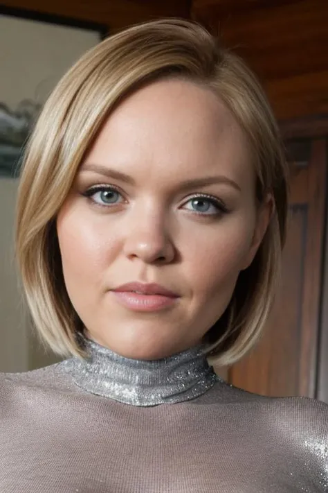 HD photo of beautiful mshn_krissylynn in a silver sequin turtleneck, (closeup:1.2), looking at camera
