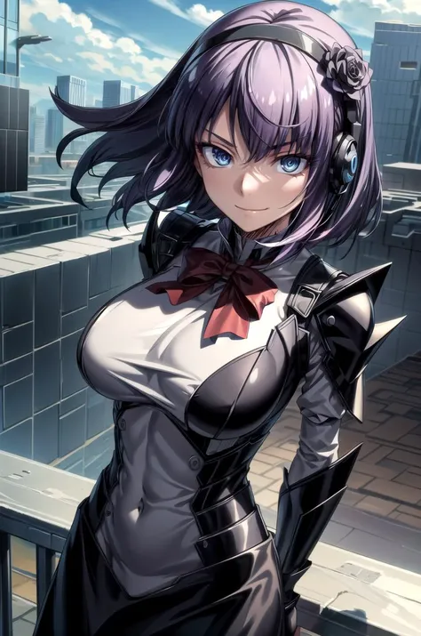 (masterpiece, best quality, detailed), 1girl, solo, pikkyhotaru, looking at viewer, purple hair, short hair, ringed eyes, blue eyes, breasts, large breasts, hairband, hair ornament, hair flower, bow, ribbon, hair ribbon,
<lora:StealthTech:1>, stealthtech, cutting edge, scifi, bodysuit, shoulder armor, interface headset, sleek angular, outdoors, rooftop, day, cityscape, blue sky, cloud, scenery, railing, arms behind back, evil smile, closed mouth