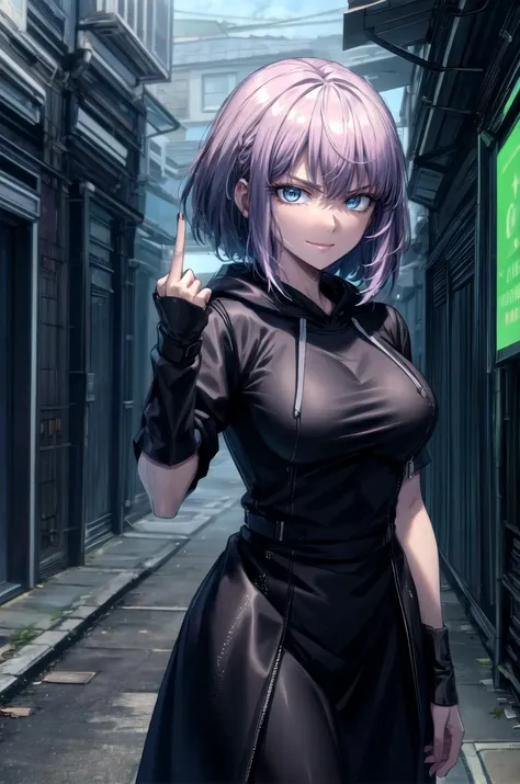 (masterpiece, best quality, detailed), 1girl, solo, looking at viewer, <lora:ShidareHotaru:0.6>, pikkyhotaru, purple hair, short hair, ringed eyes, blue eyes, breasts, large breasts, <lora:HackedTech-20:1>, hackedtech, hoodie, leather, data stream, green hues, <lora:alley:1>, alleyway, industrial pipe, building, urban, power lines, cloudy sky, sign, dark, night, trash can, <lora:midfinger-left-v2-wasabiya:1>, middle finger, smug, smile, closed mouth