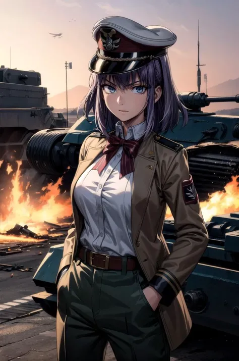 (masterpiece, best quality, detailed), 1girl, solo, pikkyhotaru, looking at viewer, purple hair, short hair, ringed eyes, blue eyes, breasts, large breasts,
military uniform, military, soldier, belt, green pants, military hat, brown jacket, metal, world war ii, war, military vehicle, battlefield, battle, dust, smoke, burning, fire, red sky, explosion, hands in pockets, smug