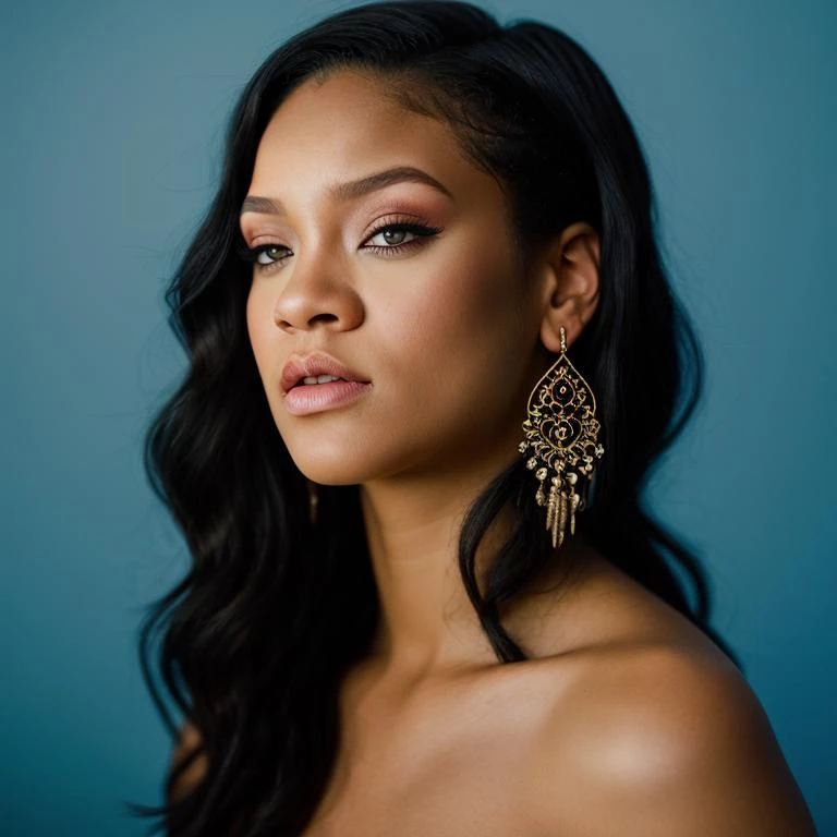 <lora:r1h4nn4:1>, Realistic photo of a beautiful r1h4nn4 woman, 1girl, solo, long hair, looking at viewer, simple background, black hair, bare shoulders, brown eyes, upper body, parted lips, medium hair, off shoulder, lips, eyelashes, makeup, blue background, portrait, realistic, nose, soft lighting, professional Photography, Photorealistic, detailed, RAW, analog, sharp focus, 8k, HD, DSLR, high quality, Fujifilm XT3, film grain, award winning, masterpiece