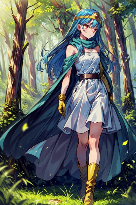 masterpiece,best quality,1girl,sage \(dq3\),long hair,blue hair,red eyes,circlet,white dress,yellow gloves,belt,cape,boots,bare shoulders,expressionless,looking to the side,grass,forest,<lora:DQ3Sage:0.8>,