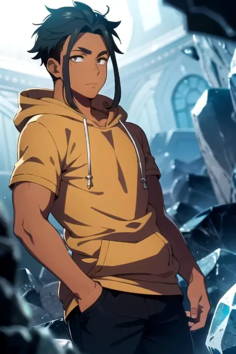masterpiece, best quality, game cg, 1boy, solo, male focus, looking at viewer, , depth of field, anime coloring, , <lora:kenichirou_ryuuzaki:0.74>, kenichirou_ryuuzaki, , brown eyes, hoodie, , The Crystal Cave: A fantastical place where gemstones and crystals grow in abundance, 32k resolution