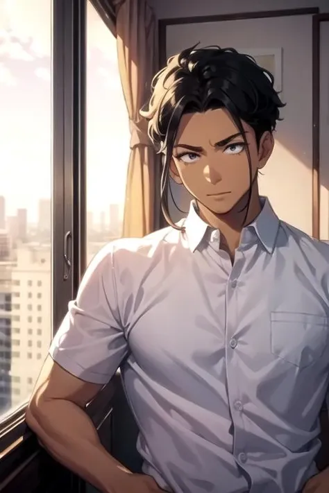 masterpiece, best quality, movie still, 1boy, solo, male focus, looking at viewer, upper body, , ligne claire, realistic, <lora:kenichirou_ryuuzaki:0.66>, kenichirou_ryuuzaki, black hair, , , hotel room,