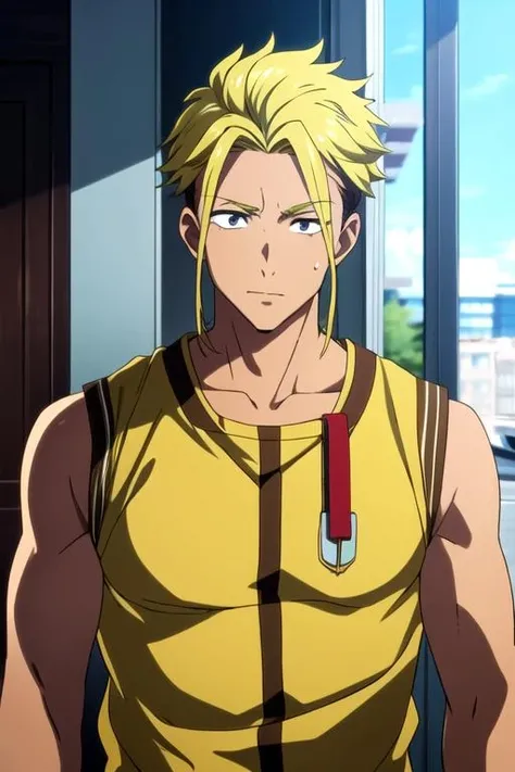 kenichirouryuuzaki, <lora:kenichirou ryuuzaki s1-lora-nochekaiser:1>,
kenichirou ryuuzaki, short hair, blonde hair, black hair, male focus, multicolored hair, two-tone hair, (yellow eyes:1.5), smile, grin,
BREAK shirt, open clothes, pants, open shirt, muscular, abs, blue shirt, pectorals, muscular male,
BREAK outdoors, city, sun, sky, clouds,
BREAK looking at viewer, (cowboy shot:1.5),
BREAK <lyco:GoodHands-beta2:1>, (masterpiece:1.2), best quality, high resolution, unity 8k wallpaper, (illustration:0.8), (beautiful detailed eyes:1.6), extremely detailed face, perfect lighting, extremely detailed CG, (perfect hands, perfect anatomy),