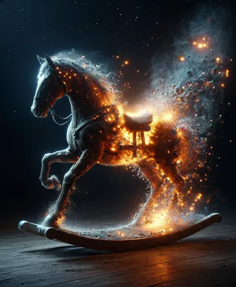 dissolving wooden rocking horse, night, mad-embr <lora:Embers_Style_SDXL:1>