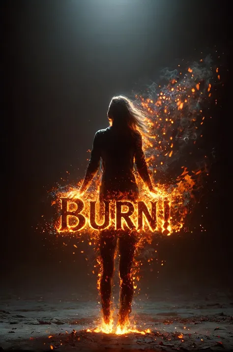 the text inscription âBURNâ text logo dissolves into mad-embr, (silhouette of a female in the distance.:1.3), The image to be created is similar to a movie poster or similar media. The word "BURN" is the most prominent text and could be the title of the movie. The image also shows a man surrounded by flames, but his face is not visible. ð¥ð¥, (style of Michael Whelan:1.15), <lora:Harrlogos_v1.1:1>, <lora:Embers_Style_SDXL:1>