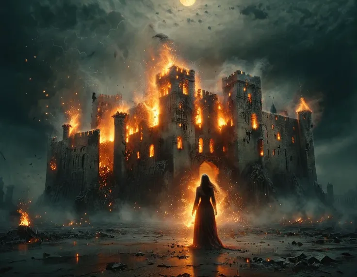 cinematic still vampire woman standing in front of a burning castle, night time, full moon in the sky with storm clouds in the distance . emotional, harmonious, vignette, 4k epic detailed, shot on kodak, 35mm photo, sharp focus, high budget, cinemascope, moody, epic, gorgeous, film grain, grainy, vampire woman standing in front of a burning castle, night time, full moon in the sky with storm clouds in the distance, warm colors, highly detailed, magic, mystical, vivid color, intricate, elegant, sharp focus, extremely detail, professional fine cinematic composition, colorful, beautiful amazing gorgeous surreal background, stunning epic breathtaking, dynamic, ambient light, creative, positive