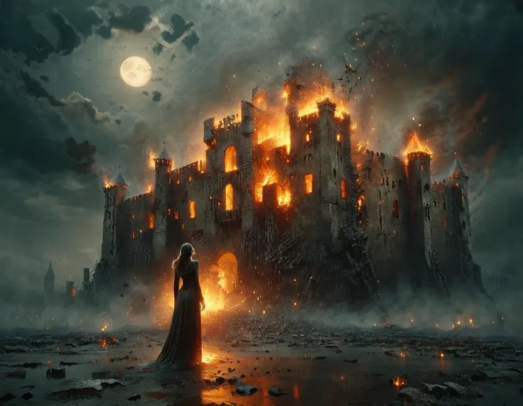 cinematic still vampire woman standing in front of a burning castle, night time, full moon in the sky with storm clouds in the distance . emotional, harmonious, vignette, 4k epic detailed, shot on kodak, 35mm photo, sharp focus, high budget, cinemascope, moody, epic, gorgeous, film grain, grainy, vampire woman standing in front of a burning castle, night time, full moon in the sky with storm clouds in the distance, warm colors, highly detailed, magic, mystical, vivid color, intricate, elegant, sharp focus, extremely complex, cinematic, modern, colorful, amazing, symmetry, creative, fine detail, professional, winning, light, iconic, best, ambient