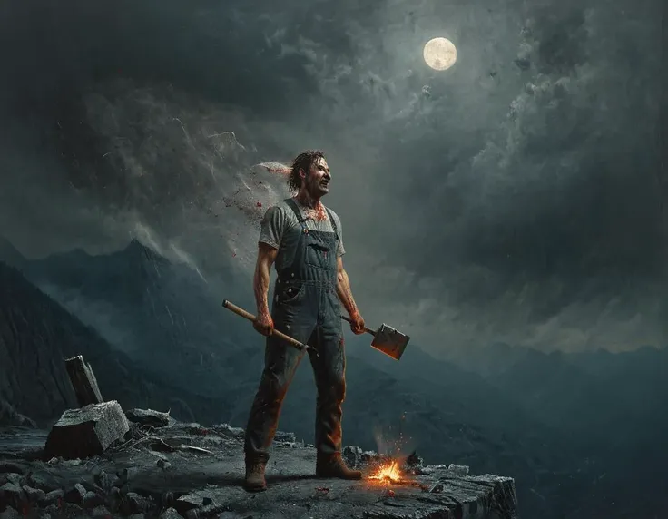 cinematic still man in bib overalls with a bloody hammer in his left hand and a severed head being held by its hair in his right hand with a scary grin on his face standing in the darkness of the Appalachian mountains, night time, full moon in the sky with storm clouds in the distance, in the art style of nicola samori . emotional, harmonious, vignette, 4k epic detailed, shot on kodak, 35mm photo, sharp focus, high budget, cinemascope, moody, epic, gorgeous, film grain, grainy, man in bib overalls with a bloody hammer in his left hand and a severed head being held by its hair in his right hand with a scary grin on his face standing in the darkness of the Appalachian mountains, night time, full moon in the sky with storm clouds in the distance, in the art style of nicola samori, extremely detailed, professional, emotional
