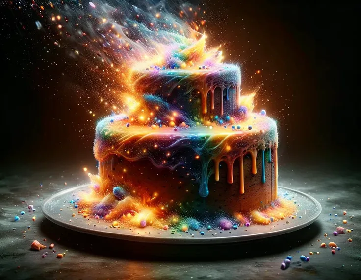 a birthday cake dissolving into crystals and fire, 8k UHD, hyperrealistic, fujifilm