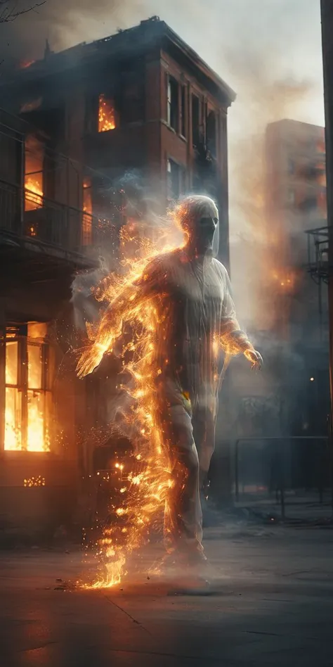 photo of a transparent ghost, transparent fullbody, running from a burning building, eerie lighting, chilling expression, realistic face and body, burning city in the background, frightening aura, perfect photo, detailed, Photorealistic, best quality, 8k, HD, DSLR, Fujifilm XT3, award winning