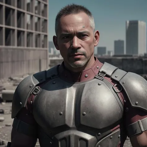 masterpiece portrait photo of a brutal 45 year old man, wastelander outfit, slim body, city ruins, (high detailed skin:1.2), 8k uhd, cinematic lighting, high quality, film grain