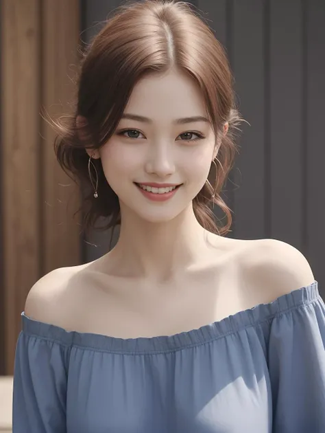 best quality, masterpiece, ultra high res, photorealistic, 1girl, offshoulder, smile