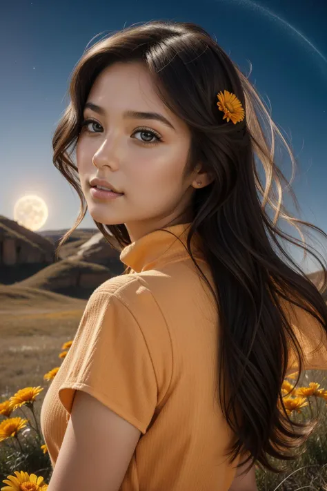 1girl, mundane 3D Rendering, studio Abstract, epic Digital painting, Clockwork grass with Marigolds, highly detailed, shot from behind of a Skillful Ghastly thicc Western (Sibling:1.3) , the Sibling is Swimming, she is surrounded by Interstellar medium, she is feeling very relaxed, she is wearing her higher class High-neck top, The High-neck top is inspired by the Disney movie princess and Wind Waker game, the Sibling has Taiwanese hair, Wavy hair, the Sibling has a Large Grunge DayGlo orange Veil, Deteriorating Glowing Chestnut Eyes, Moon in the night, soft focus, Sketch, Happy, decal art, Light caustics, F/14, Film Washi, MOBA style, blended visuals, attractive Brown eyes, most beautiful in the world, professional, hyperdetailed, fractal