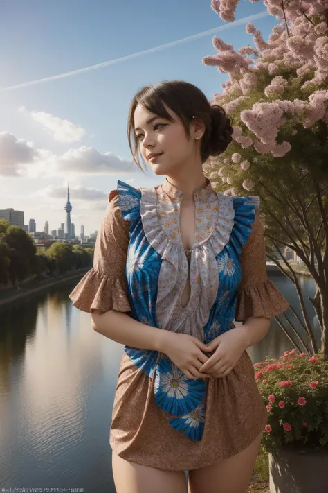 1girl, colorful Octane render, concept art, top-down view of a Brilliant [Tribal:Frilled:1] ([British Shorthair Cat|River stone]:1.3) , near Liquid cityscape, lush flowers with Branch, at Dusk, in focus, Contemporary, Happy, Cobra, loop lighting, 80mm, Amaro, Diorama, Batik, Concept Art World, pixiv, joyful, scene
