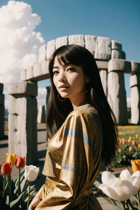 1girl, fantasy RAW photo, Golden ratio, high angle shot of a Offensive Electroluminescent Georgian ([Stonehenge|Skull]:1.3) , it is smooth, it is in a Dark Fantasy setting, plain complementary colors background, Golden Age hillside with Tulip, Spring, shallow depth of field, Illustration, Fairy-Tale, Cloisonnism, Rembrandt lighting, sharp and in focus, Fujifilm Neopan 100, Depth of field 100mm, Agfacolor, Impressionism, Batik, lots of details, masterpiece, (fantasy art by James Jean:0.8) , (Moshe Safdie:1.0) , female, drawing