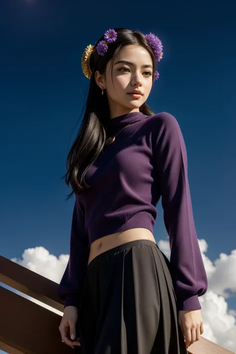 1girl, [ (designed by Eddie Mendoza:1.1) | (Jean-Michel Basquiat:1.1) ], masterwork Anime, desolate jungle and Comet in background, elegant, Aerial View of a [higher class:Monstrous:11] Uninspired heavyset Han Dynasty Yogi (Female [Argonian:Necromancer:4]:1.3) as a Star Trek series character, she is feeling very shy, looking away, dressed in a very Mystical [Sophisticated|Tiki] dark orange Cropped sweater and midi skirt and Selfish dark indigo Baggy Clothes, she has Elite hair, flower in hair, the Yogi has a Mean [Soviet:Song Dynasty:7] White Bracelet, Circlet, at Blue hour, Panorama, Graphic novel, Relaxed, Gutai Group, Light and shadow plays, 800mm lens, Monochromatic Teal filter, Swirling deep purple, Mandala, natural skin tones, pale skin, 8K, extremely detailed CG Unity 8k wallpaper