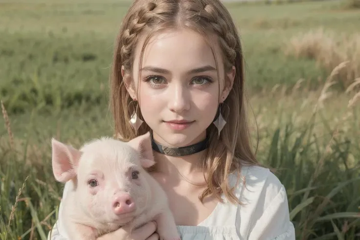 masterpiece, best quality, ultra-detailed, Jess ,1girl, gentle smile, white maid outfit, blond hair, (yellow eyes:1.2), medium length hair, braids, bangs, metal choker, earrings, grasslands, hugging a pink pig, object hug, looking at viewer <lora:Jess-10:.5>