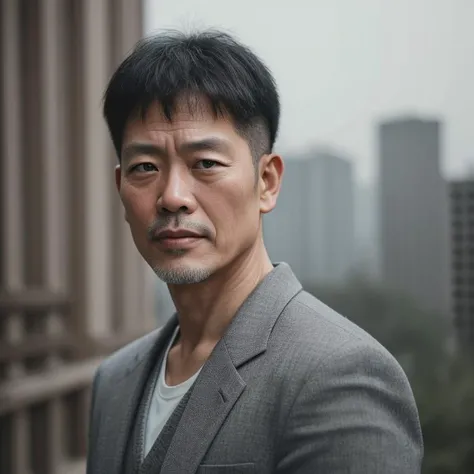 masterpiece portrait photo of a brutal 45 year old asian man, wastelander outfit, slim body, city ruins, (high detailed skin:1.2), 8k uhd, dslr, cinemac lighting, high quality, film grain, Fujifilm XT3 <lora:dollface:1>