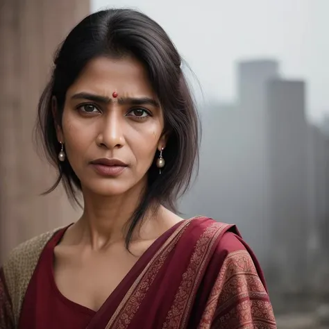 masterpiece portrait photo of a brutal 45 year old indian woman, wastelander outfit, slim body, city ruins, (high detailed skin:1.2), 8k uhd, dslr, cinemac lighting, high quality, film grain, Fujifilm XT3 <lora:dollface:1>