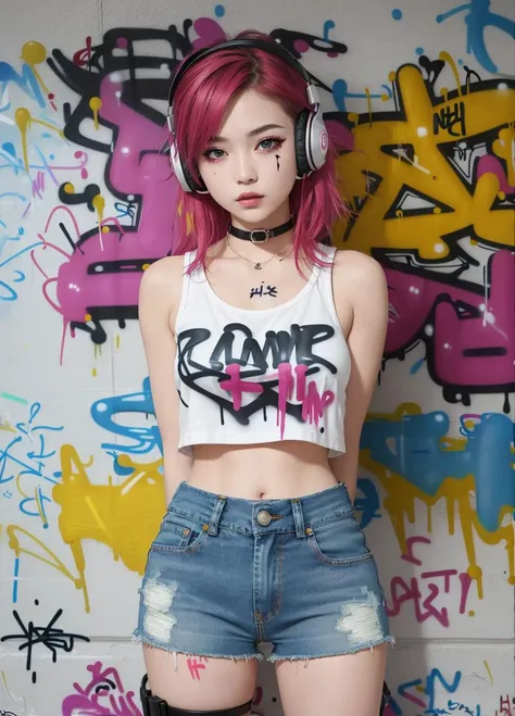 masterpiece, best quality, 1girl, solo, crop top, denim shorts, choker, (graffiti:1.5), paint splatter, arms behind back, against wall, looking at viewer, armband, thigh strap, paint on body, head tilt, bored, multicolored hair, aqua eyes, headset