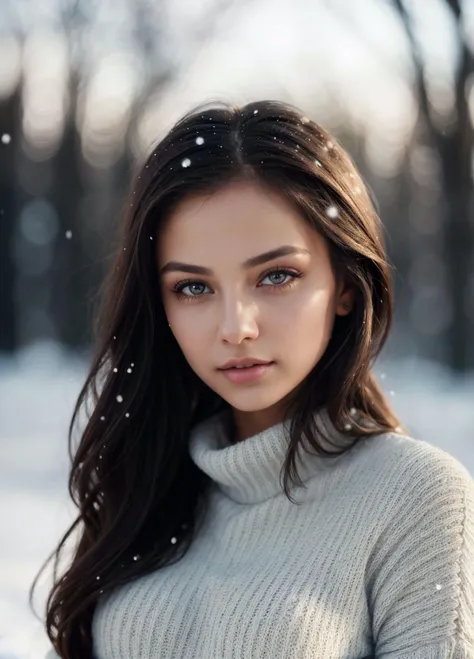 beautiful girl wearing a thin athletic sweater, glamourous hair, depth of field, bokeh, morning in the snow, (masterpiece) (best quality) (detailed) (8k) (wallpaper) (cinematic lighting) (sharp focus) (intricate), dynamic lighting, vivid