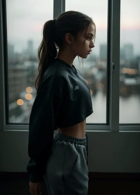 (((masterpiece))),(((best quality))), highly detailed, (1girl), standing in front of a window, wearing track pants and cropped sweatshirt, side profile, raining outside, detailed water, city lights reflecting off the window, dusk, dynamic lighting, shadows, kodak film, high budget, bokeh, moody, epic, gorgeous, film
