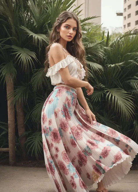 1girl, supermodel hippy, Elastic High Waist Pleated Ruffle Flowy Long Floral Print Boho Maxi Skirt, sexy, perfect eyes, highly detailed beautiful expressive eyes, detailed eyes, 35mm photograph, film, bokeh, professional, 4k, highly detailed dynamic lighting, photorealistic, 8k, raw, rich, intricate details, key visual, vivid colors