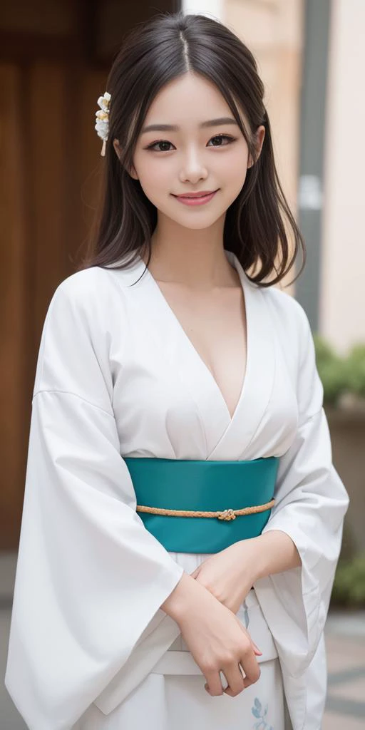 1girl,18s,light smile, best quality,realistic photo,(beauty hair,ostentatious hair accessories,gorgeous hair accessories,light smile:1.15),(slim waist:1.1),,light smile,happy,((((upper body,real face photo,background blur)))),big eyes,analog style,physically-based rendering,ultra-detailed,professional lighting, photon mapping,(bokeh),(RAW photo, best quality, masterpiece:1.3), (realistic, photo-realistic:1.3),detailed facial features,slim girl,tassel, innocent, bangs,(pureerosface_v1:0.90) ,(ulzzang-6500-v1.1:0.85),(looking at viewer,close in viewer:1.2),(front photo, front view:1.99), (clavicle, cleavage:1.10), <lora:TamaoTamamura:0.35>,
<lora:hashimoOO_kimono:0.1>, <lora:Kimono_v1:0.1>, <lora:Kimono_V20:0.1>, <lora:Kimono Dress by Stable Yogi:0.1>, <lora:new_hefu_:0.1>, <lora:realistic_kimono_clothes:0.1>, small breasts, TamaoTamamura, japanese clothes, wide sleeves, white kimono, sash, obi, yukat,show cleavage,show clavicle,(naked body with kimono clothes:1.99),kimono  style hair,