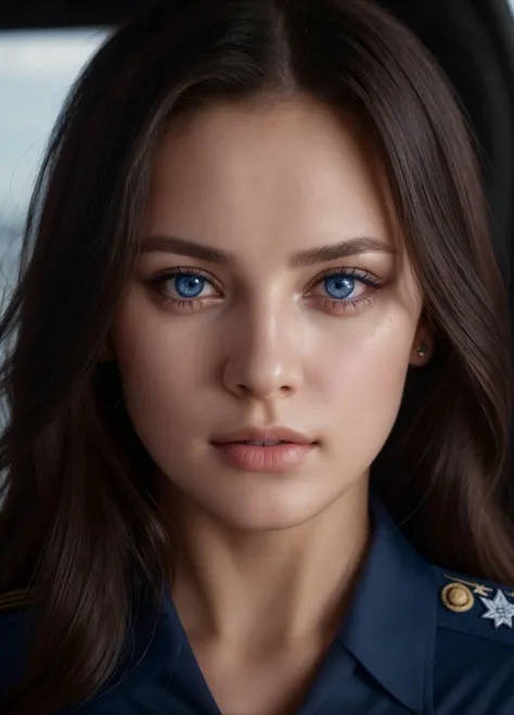 1girl, United States Air Force Dress Blues, cleavage, professional photo, perfect eyes, highly detailed beautiful expressive eyes, detailed eyes, (8k, RAW photo, best quality, depth of field, ultra high res:1.2), intricate, photorealistic, masterpiece, ultra-detailed), crisp, vivid lighting
