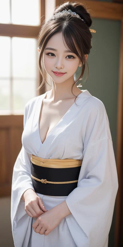 1girl,18s,light smile, best quality,realistic photo,(beauty hair,ostentatious hair accessories,gorgeous hair accessories,light smile:1.15),(slim waist:1.1),,light smile,happy,((((upper body,real face photo,background blur)))),big eyes,analog style,physically-based rendering,ultra-detailed,professional lighting, photon mapping,(bokeh),(RAW photo, best quality, masterpiece:1.3), (realistic, photo-realistic:1.3),detailed facial features,slim girl,tassel, innocent, bangs,(pureerosface_v1:0.90) ,(ulzzang-6500-v1.1:0.85),(looking at viewer,close in viewer:1.2),(front photo, front view:1.99), (clavicle, cleavage:1.10), <lora:TamaoTamamura:0.35>,
<lora:hashimoOO_kimono:0.1>, <lora:Kimono_v1:0.1>, <lora:Kimono_V20:0.1>, <lora:Kimono Dress by Stable Yogi:0.1>, <lora:new_hefu_:0.1>, <lora:realistic_kimono_clothes:0.1>, small breasts, TamaoTamamura, japanese clothes, wide sleeves, colorful kimono, sash, obi, yukat,show cleavage,show clavicle,(naked body with kimono clothes:1.99),kimono style hair,