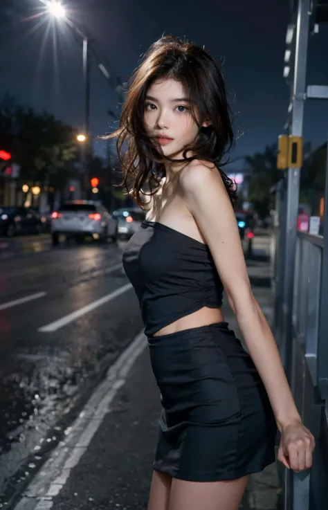 (((best quality))),(((ultra detailed))),(((masterpiece))),illustration,1girl,slim,sun-kissed skin,strapless vibrant rose-pink bra,short ponytail,flat chest,standing, bustling city streets, honking cars,surrounded by crowded crowds, colorful advertisements,grilled skewers,enjoying sights and sounds,(dark black skin:1.5),day scene,close-up of face
