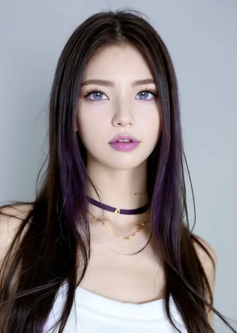 1girl, solo, upper body, looking at viewer, white background, light long hair, makeup, parted lips, necklace, gold, eyeliner, , ((purple eyes)), <lora:MoosMST3:1> <lora:Aleksandrina-01:1>