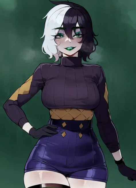 1girl, ratatatat74 style <lora:ratatatat74 style:1> ,<lora:yorra_villeneuve-09:1> yorra_villeneuve, (green eyes, green lips), (thigh strap, single thighhigh,purple high waist shorts, black sweater , long sleeves, single glove:1.2), smile