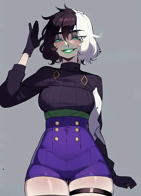 1girl, ratatatat74 style <lora:ratatatat74 style:1> ,<lora:yorra_villeneuve-09:1> yorra_villeneuve, (green eyes, green lips), (thigh strap, single thighhigh,purple high waist shorts, black sweater , long sleeves, single glove:1.2), smile