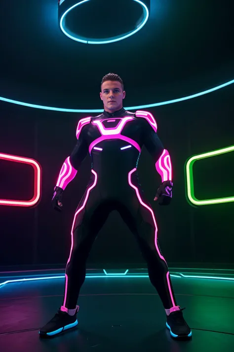 futuristic, neon lighting, (arena stadium in the Tron video game), ADConrad, wearing a Tron bodysuit, (dynamic pose), masterpiece, ((full body portrait)), photorealistic, wide angle  <lora:ADConrad:0.8>