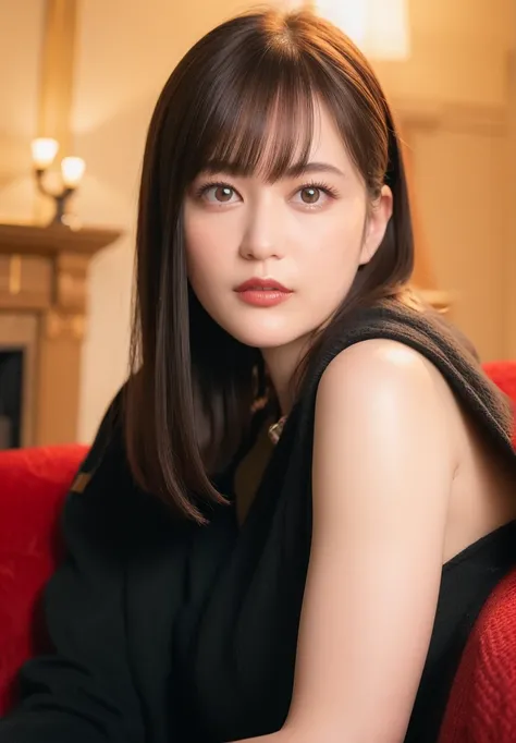 (wide angle),half-length portrait,lipstick,eyelashes,(parted lips),
on couch, fireplace ,
looking at viewer,
best quality, ultra high res, (photorealistic:1.4), (detailed face and eyes),
