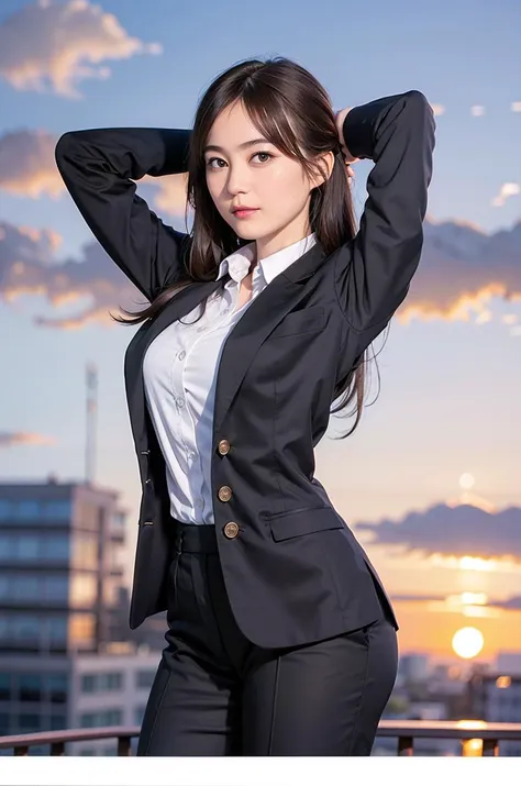 1girl,solo, parted lips,  office lady, business suit ,
skyline, cloud,sunset, arms behind head, looking at viewer,      
 <lora:IkutaErika23Apr:0.6>