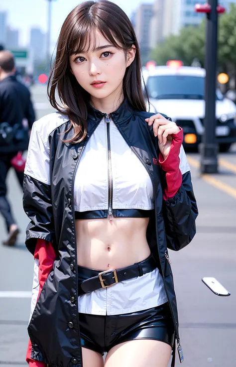 1girl,solo, parted lips, 
( midriff),(legwear),
street, hand on own chest, looking at viewer, realistic,      
 <lora:IkutaErika23Apr:0.6>