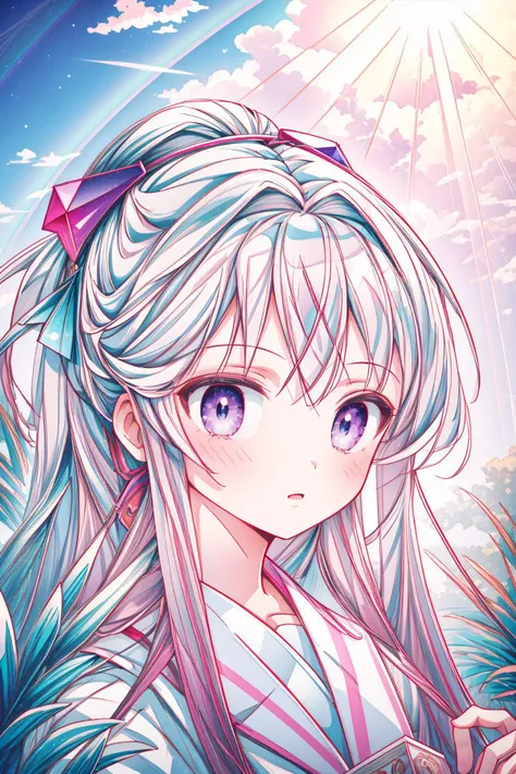 1girl, 8k, crowded pond and Lagrange point in background, Abstract Art, highly detailed, High exposure of a [Welcoming:Tiny:16] Pure muscular Bahamian (Male Printer of Crushing:1.3) , the Printer has Rainbow hairstyle, plain anaglyph effect background, Stormy weather, equirectangular 360, Vivid, Guilty, Sun Rays, 80mm, Instax, Crepuscular Rays, Lavender dust particles, detailed face, realistic cute face, Pixabay, award winning